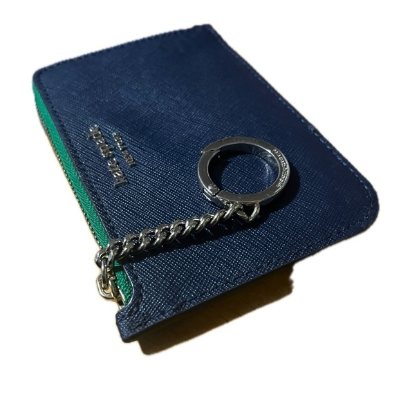 Navy, Green & White Kate Spade Leather Card Holder, Gold Zipper & Silver Accents - Picture 2 of 16